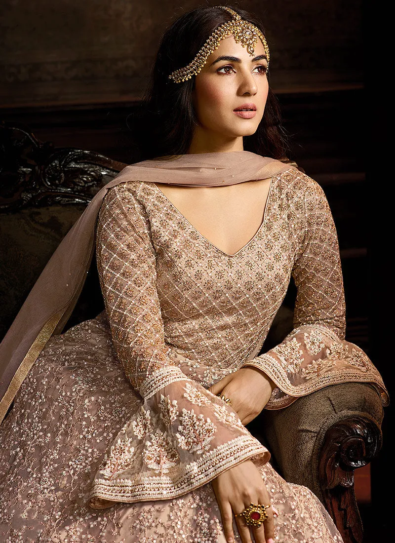 Pink Beige Embroidered Layered Anarkali Suit