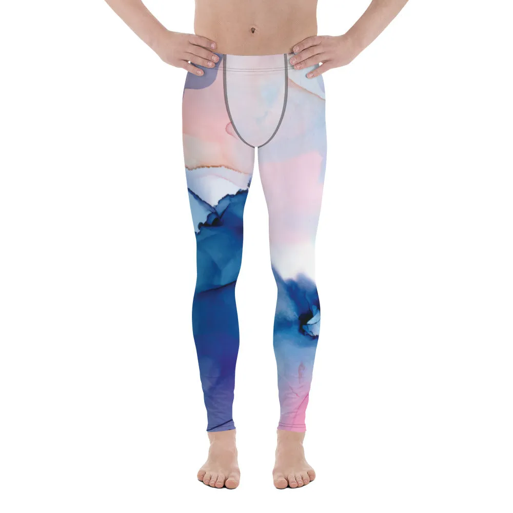 Pink Blue Abstract Men's Leggings, Designer Compression Tights For Men - Made in USA/EU/MX