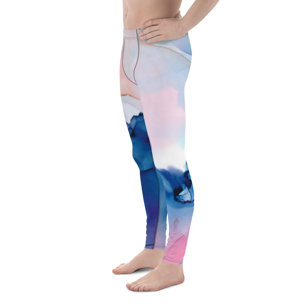 Pink Blue Abstract Men's Leggings, Designer Compression Tights For Men - Made in USA/EU/MX