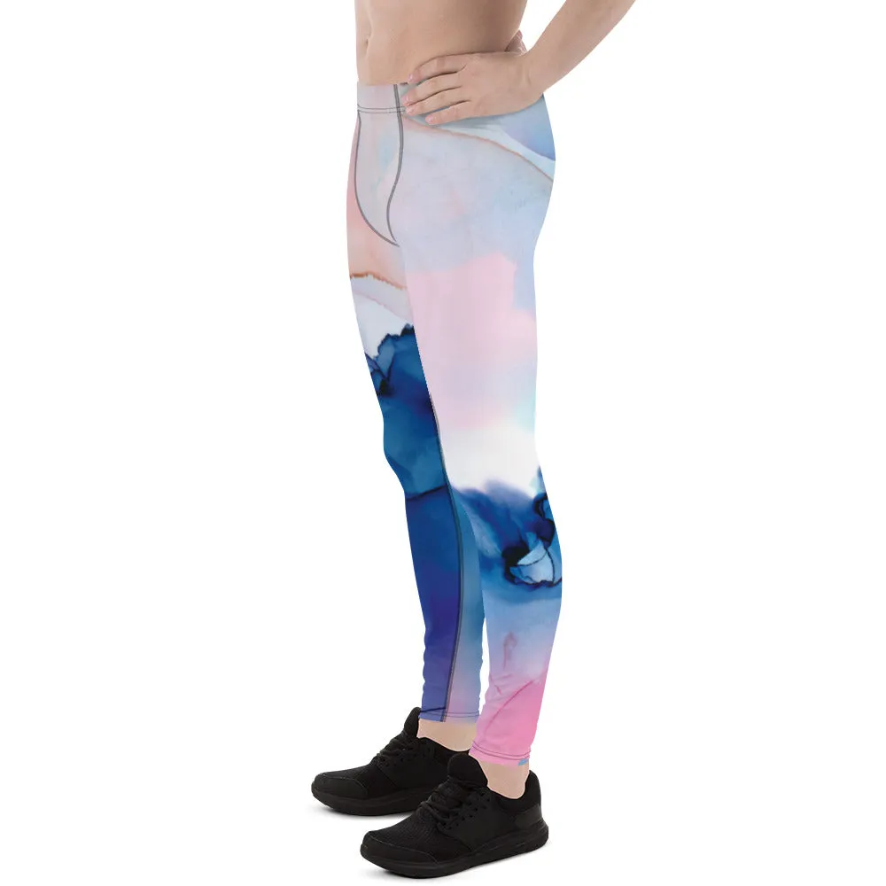 Pink Blue Abstract Men's Leggings, Designer Compression Tights For Men - Made in USA/EU/MX