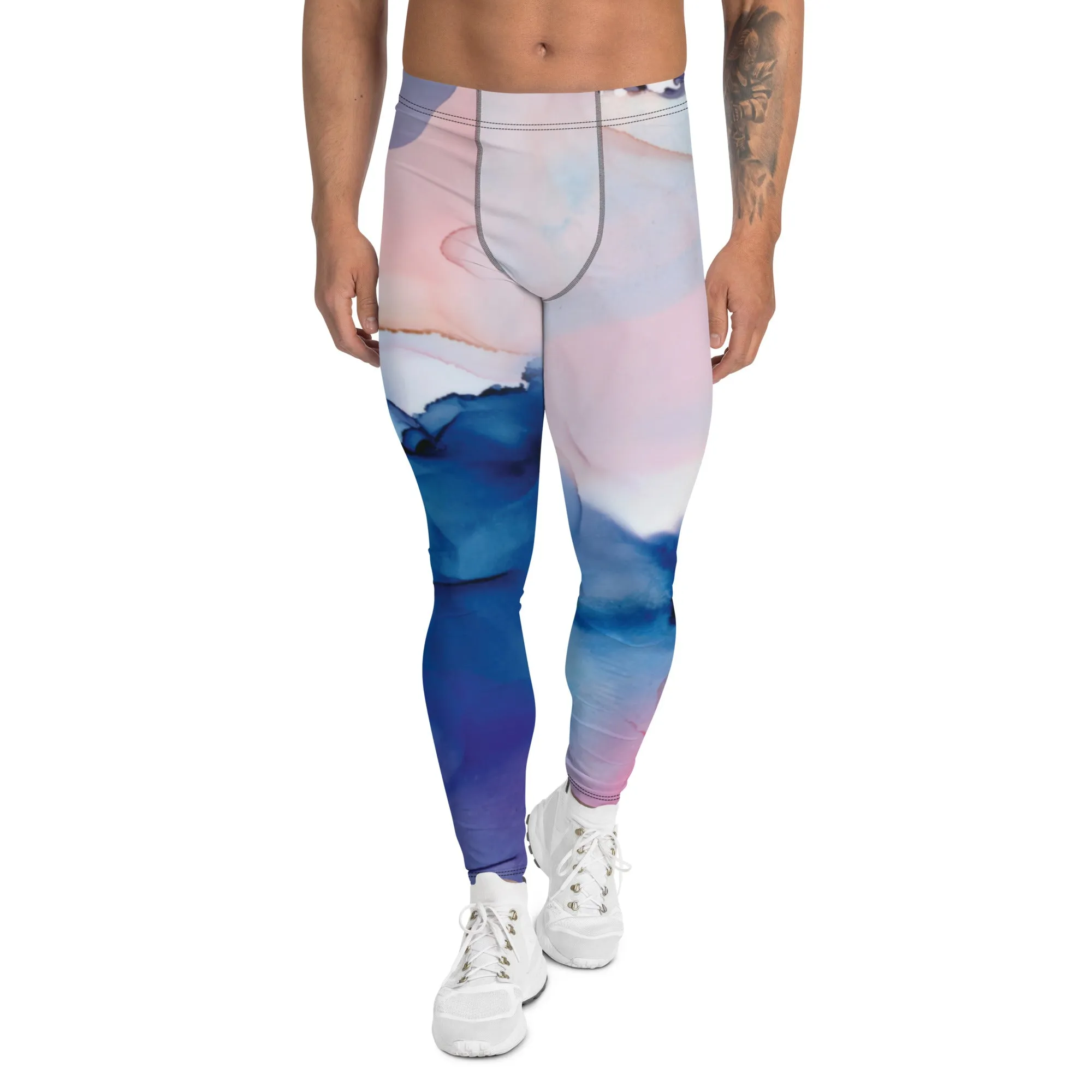 Pink Blue Abstract Men's Leggings, Designer Compression Tights For Men - Made in USA/EU/MX