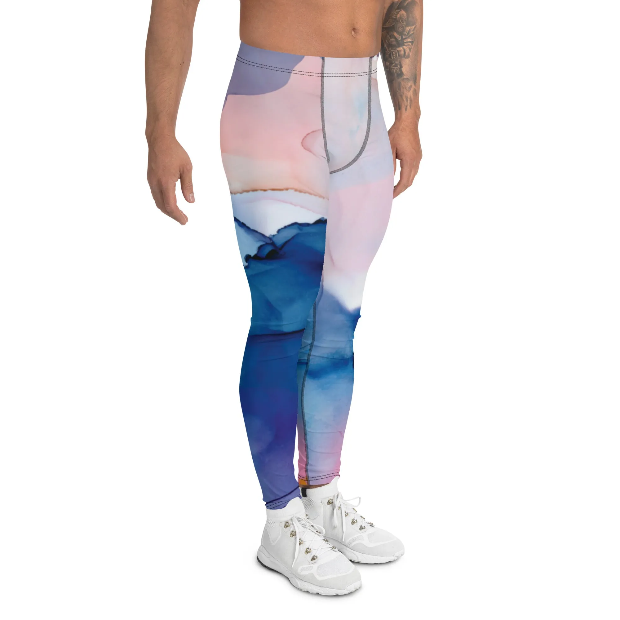 Pink Blue Abstract Men's Leggings, Designer Compression Tights For Men - Made in USA/EU/MX