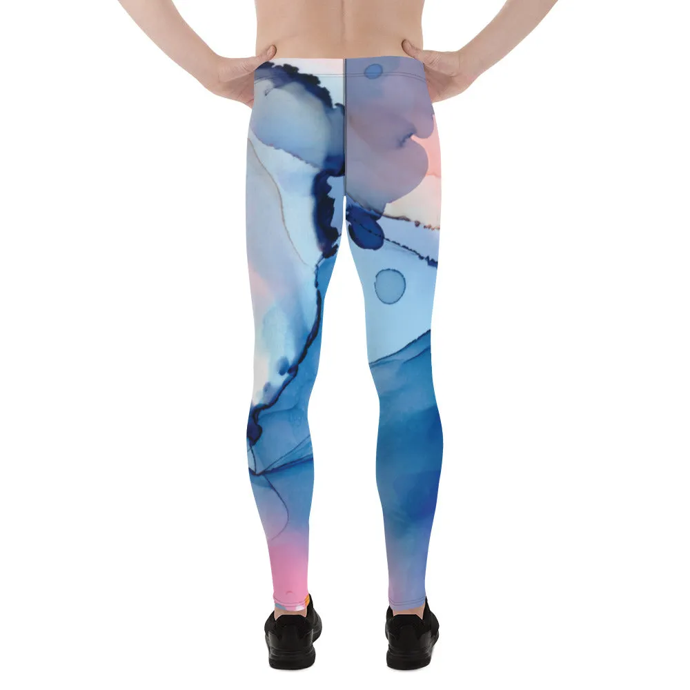 Pink Blue Abstract Men's Leggings, Designer Compression Tights For Men - Made in USA/EU/MX