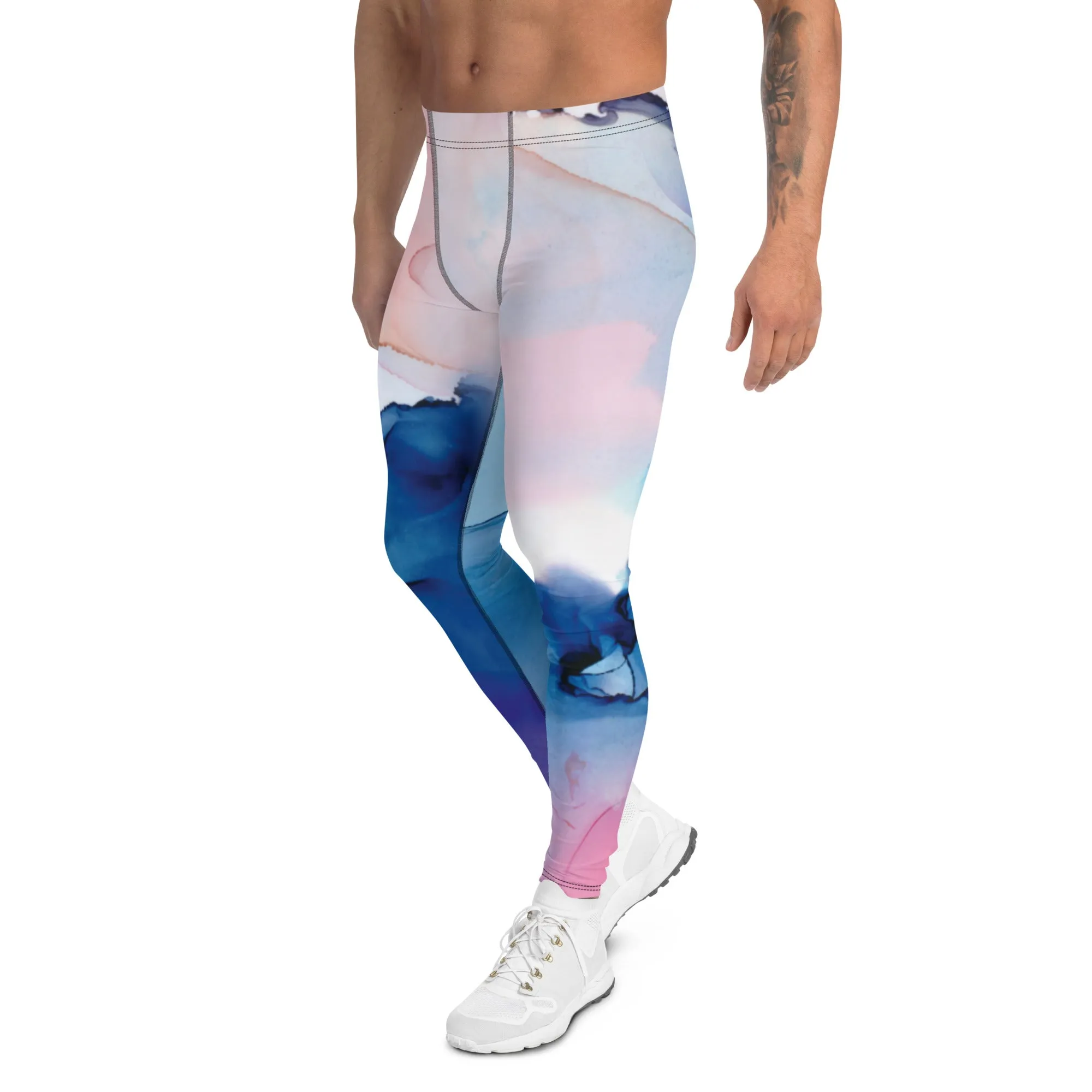 Pink Blue Abstract Men's Leggings, Designer Compression Tights For Men - Made in USA/EU/MX