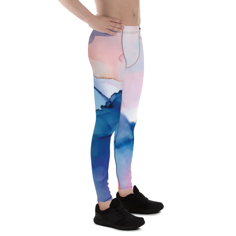 Pink Blue Abstract Men's Leggings, Designer Compression Tights For Men - Made in USA/EU/MX