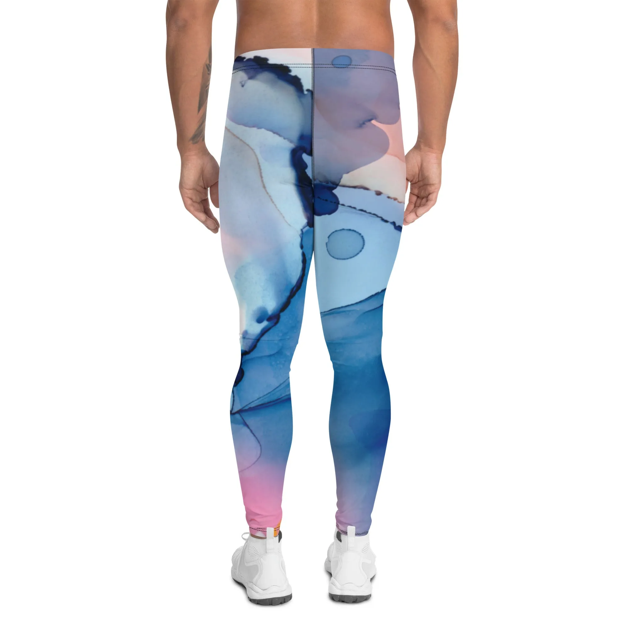 Pink Blue Abstract Men's Leggings, Designer Compression Tights For Men - Made in USA/EU/MX