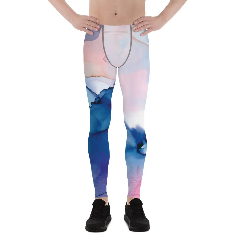 Pink Blue Abstract Men's Leggings, Designer Compression Tights For Men - Made in USA/EU/MX