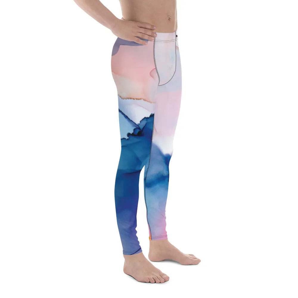 Pink Blue Abstract Men's Leggings, Designer Compression Tights For Men - Made in USA/EU/MX