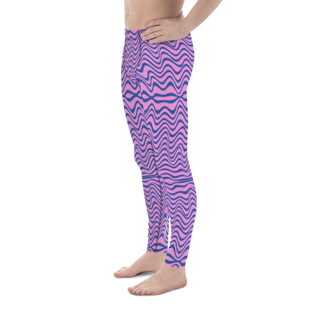 Pink Blue Wavy Men's Leggings, Wavy Curves Men Compression Tights-Made in USA/EU/MX