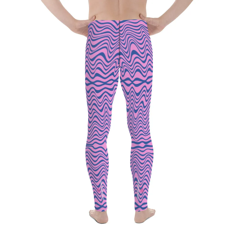 Pink Blue Wavy Men's Leggings, Wavy Curves Men Compression Tights-Made in USA/EU/MX