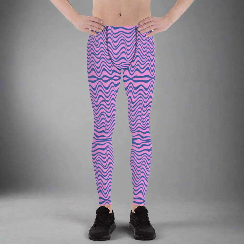 Pink Blue Wavy Men's Leggings, Wavy Curves Men Compression Tights-Made in USA/EU/MX