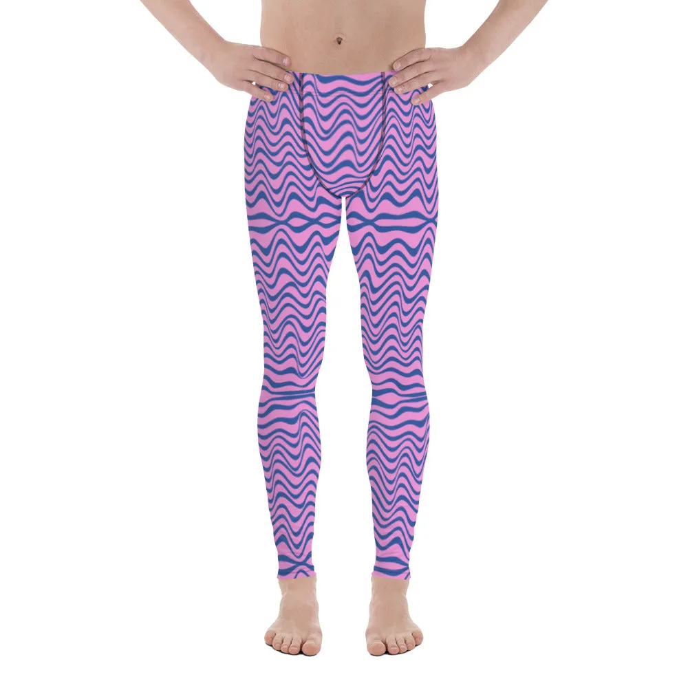 Pink Blue Wavy Men's Leggings, Wavy Curves Men Compression Tights-Made in USA/EU/MX