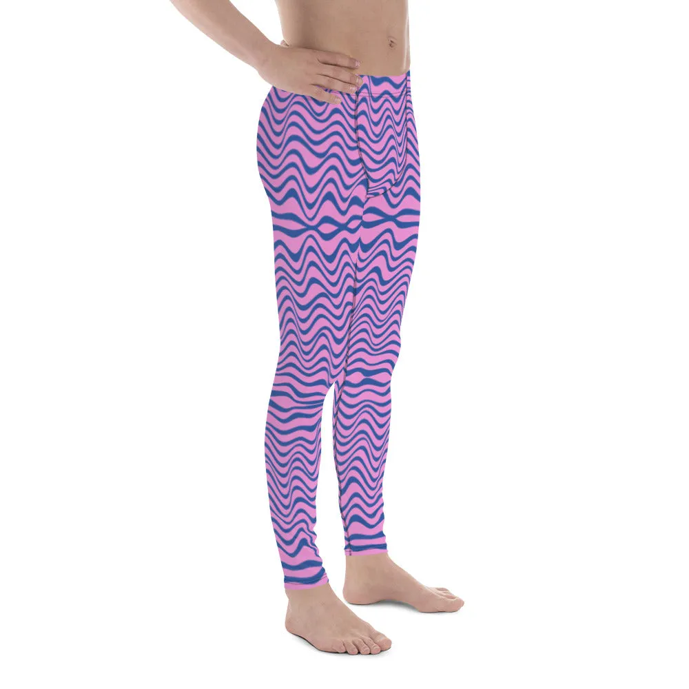 Pink Blue Wavy Men's Leggings, Wavy Curves Men Compression Tights-Made in USA/EU/MX