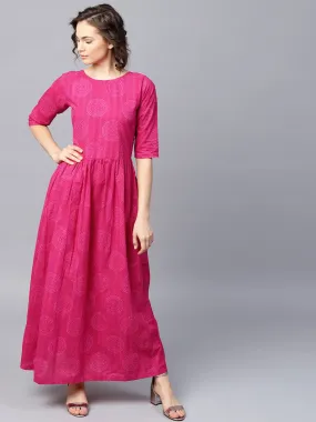 Pink Printed Half Sleeve Cotton Flared Maxi Dress