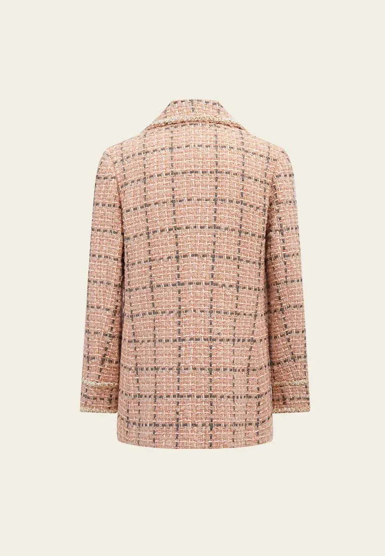 Pink Wool Plaid Tweed Double-Breasted Coat