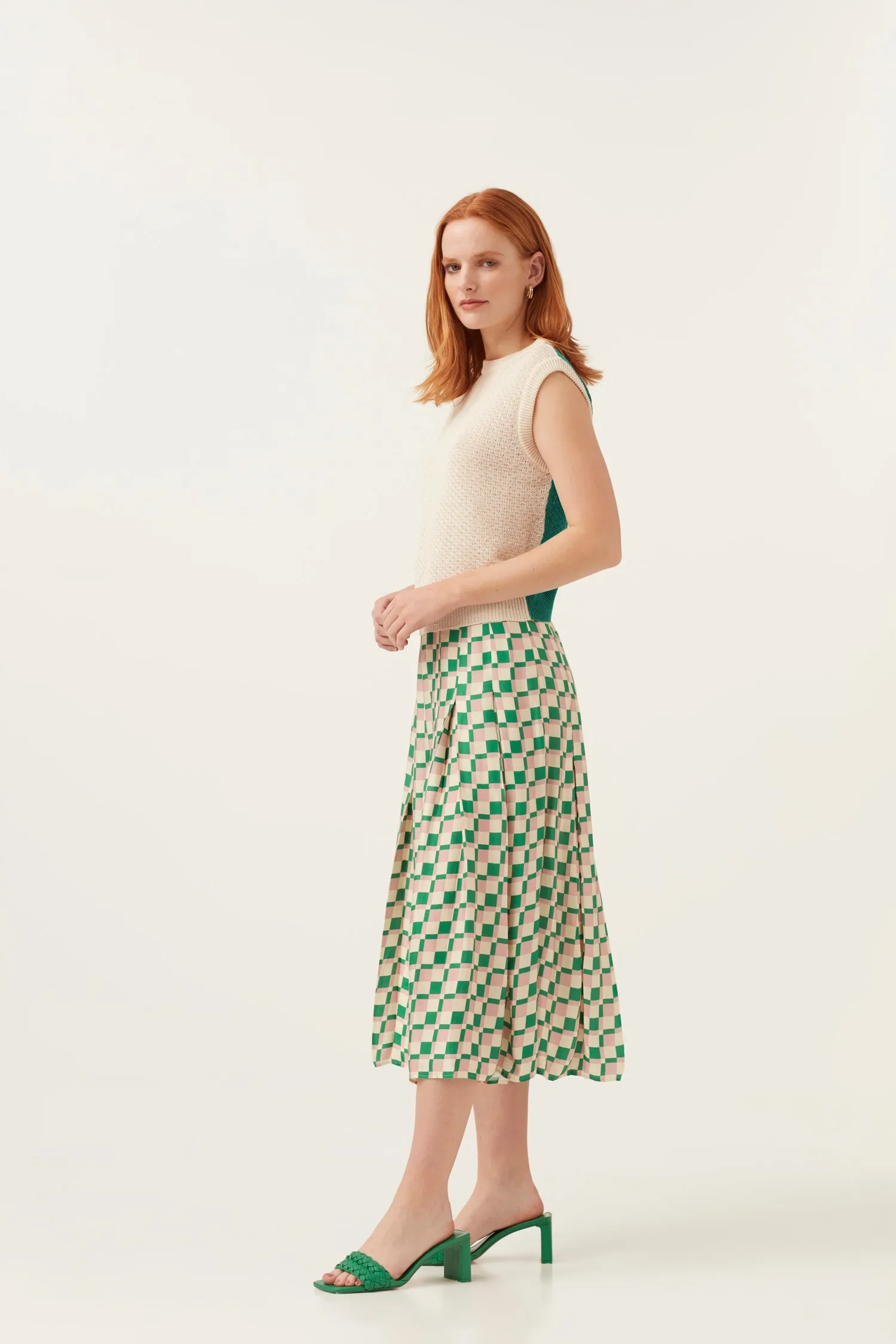 Pink/Green  Checkerboard Midi Skirt