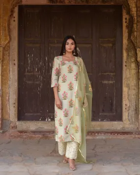 Pista Green Chanderi Printed Kurta Suit Set with Organza Dupatta