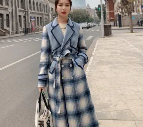 Plaid Spliced Double-Breasted Trench Coat with Belt