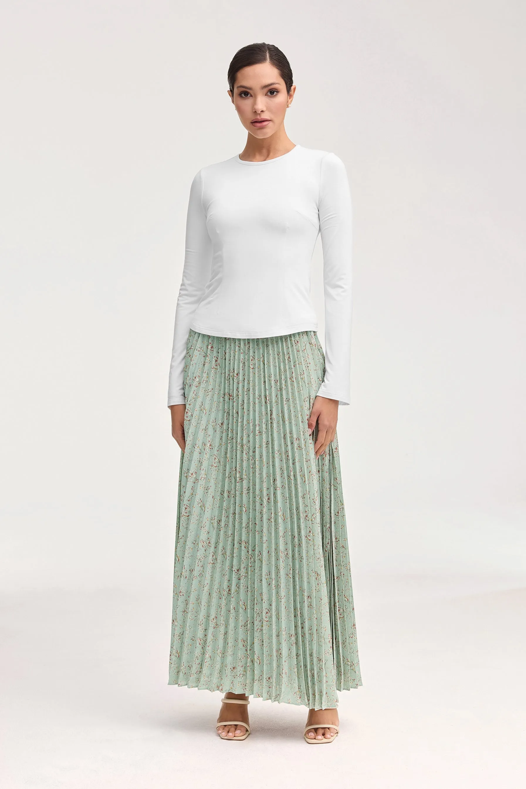 Pleated Floral Maxi Skirt - Sage