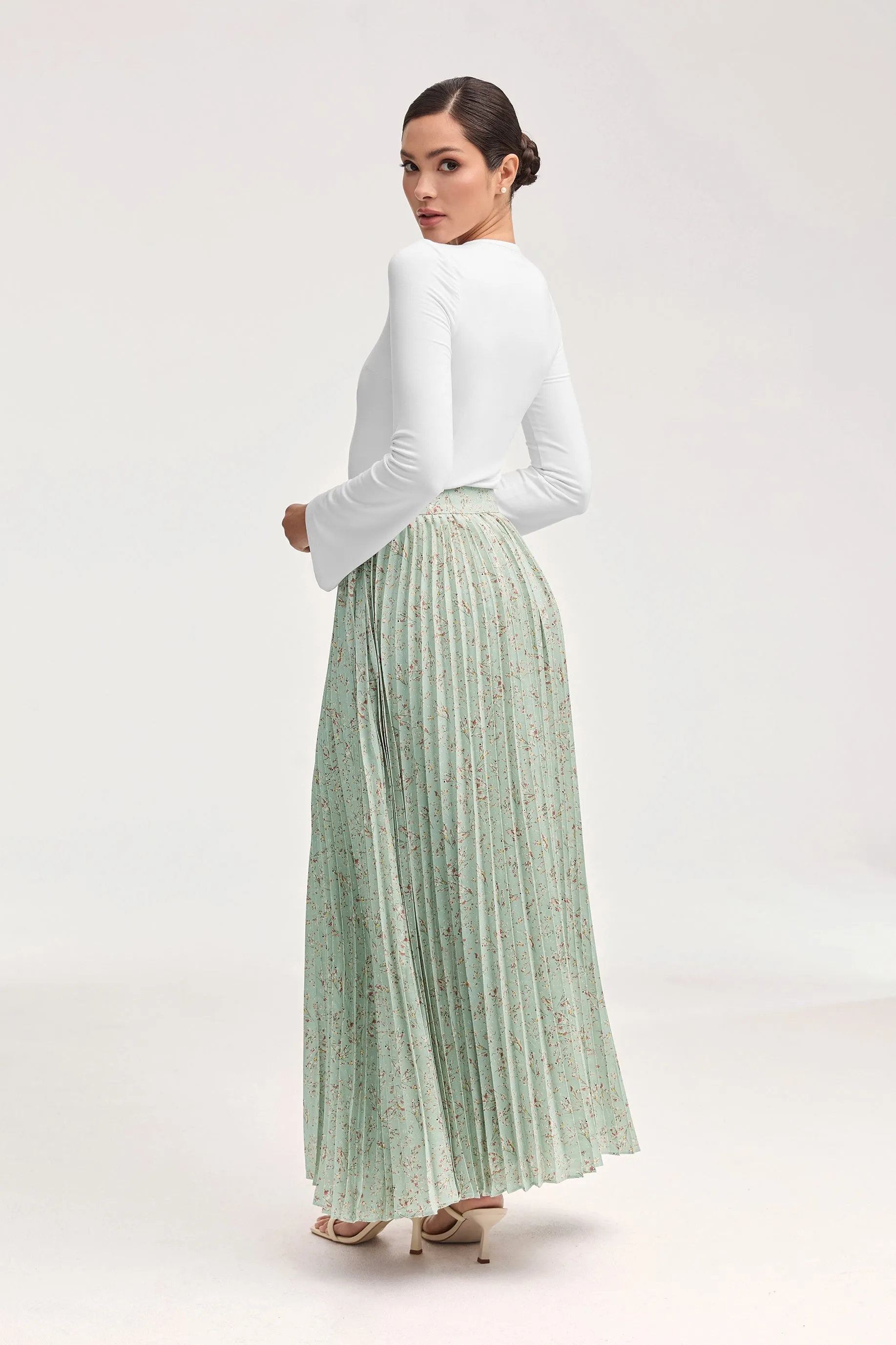 Pleated Floral Maxi Skirt - Sage