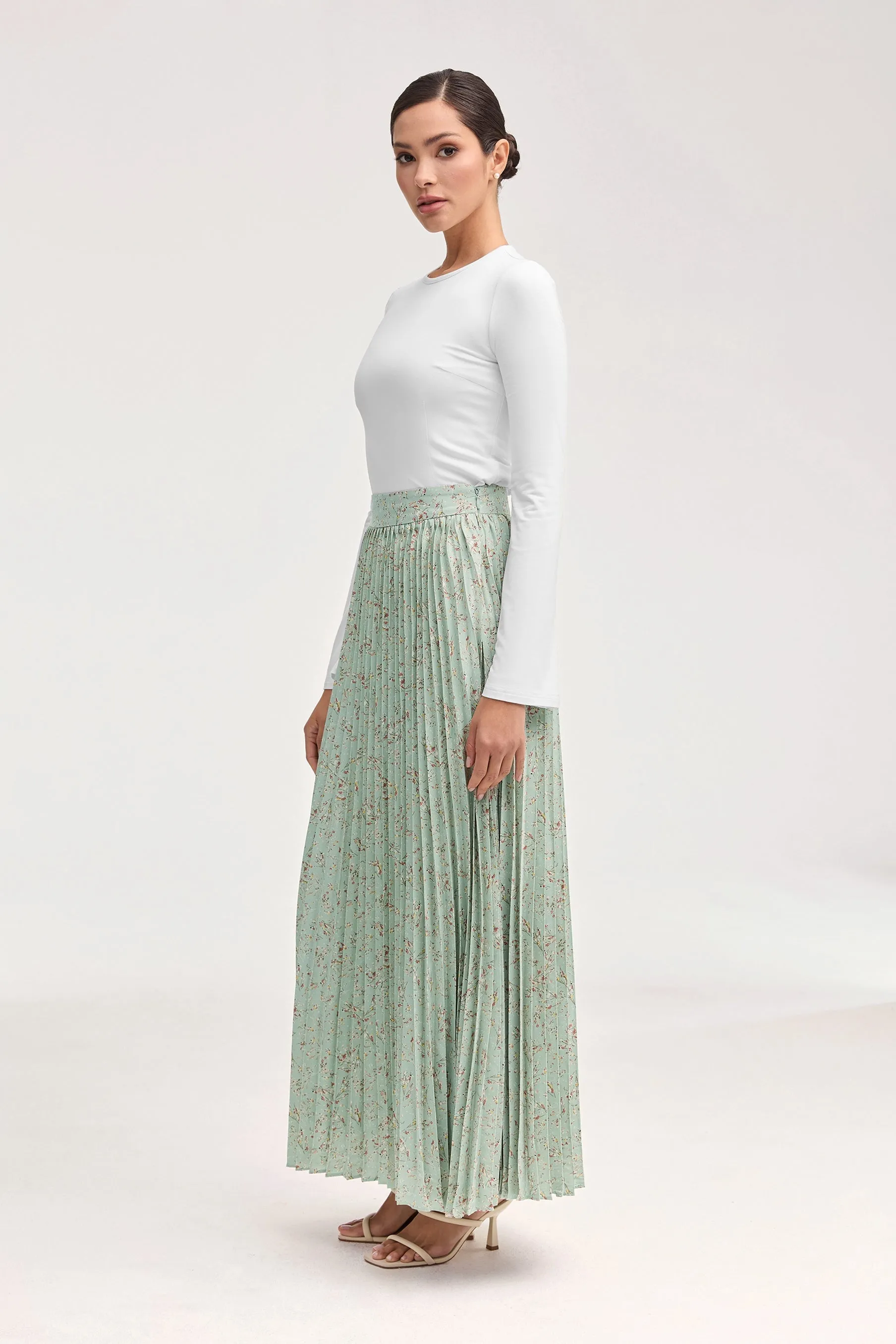 Pleated Floral Maxi Skirt - Sage