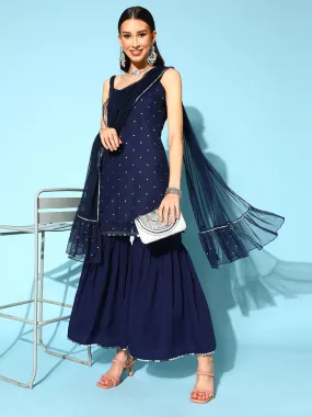 Poly Crepe Navy Blue Printed Kurta-Sharara Set with Net Dupatta