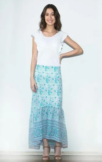 Poppy Printed Long Skirt  Aqua