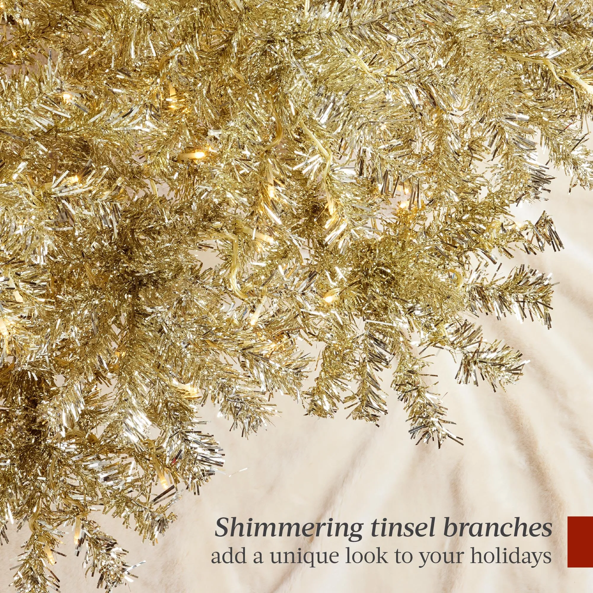 Prelit Gold Artificial Tinsel Christmas Tree w/ Foldable Stand