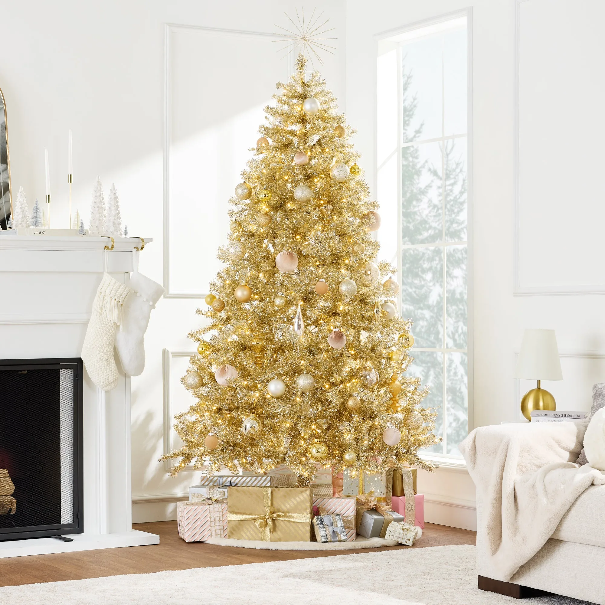 Prelit Gold Artificial Tinsel Christmas Tree w/ Foldable Stand