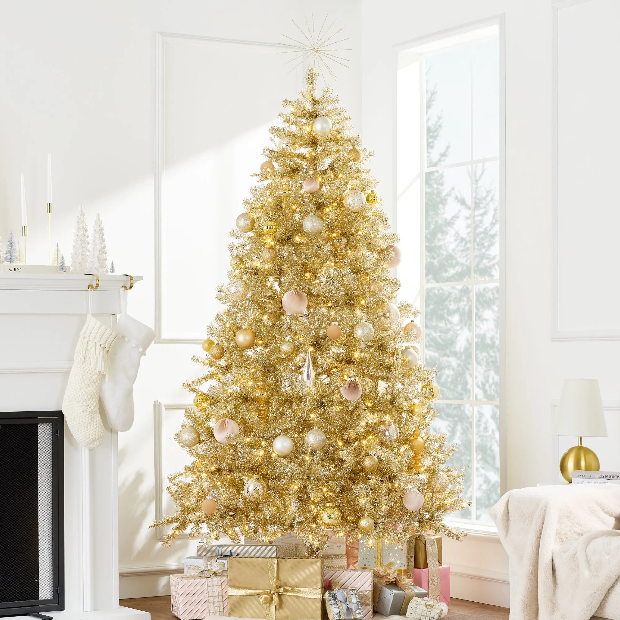 Prelit Gold Artificial Tinsel Christmas Tree w/ Foldable Stand