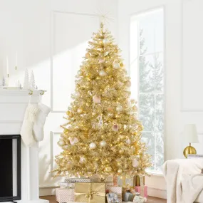 Prelit Gold Artificial Tinsel Christmas Tree w/ Foldable Stand