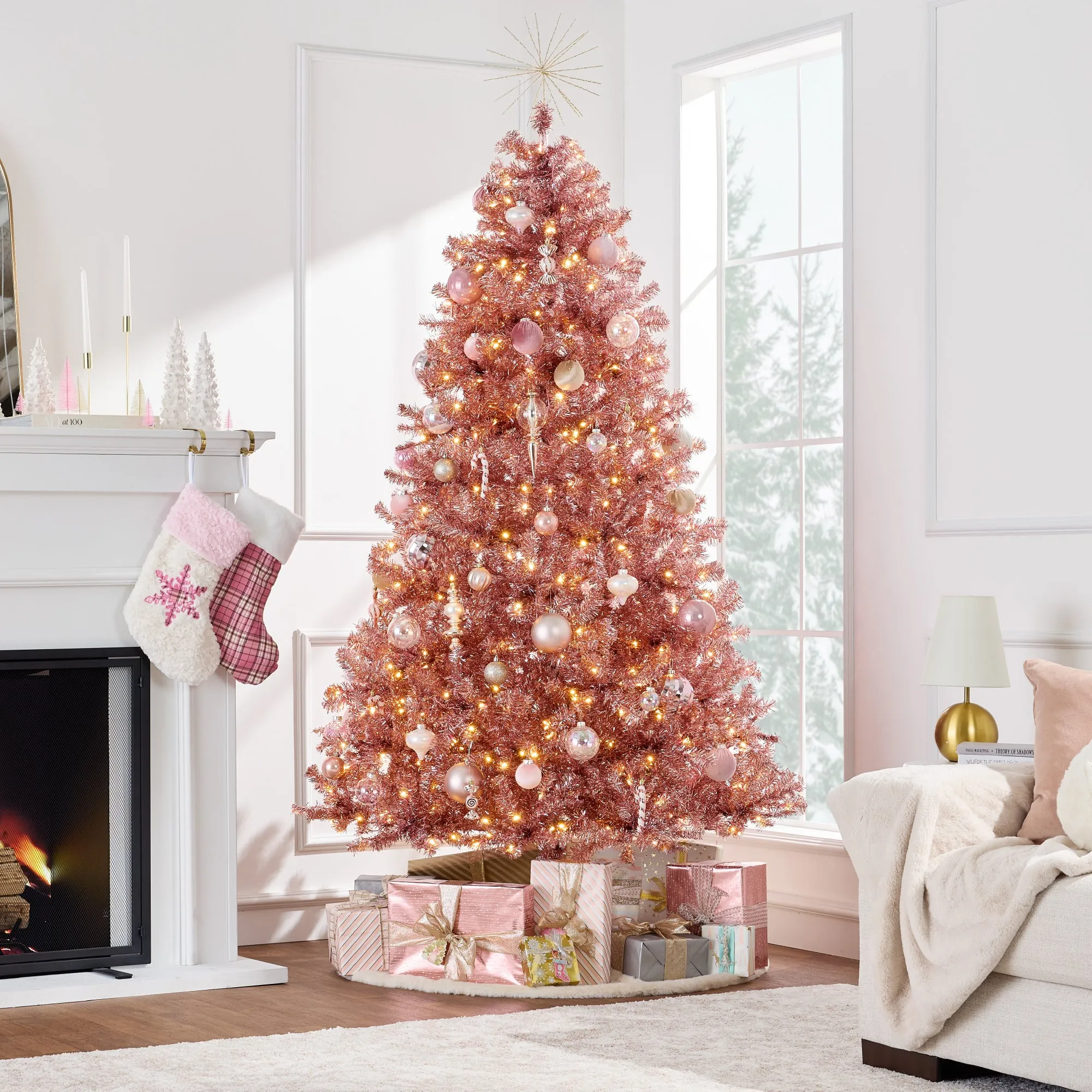 Prelit Pink Artificial Tinsel Christmas Tree w/ Foldable Stand