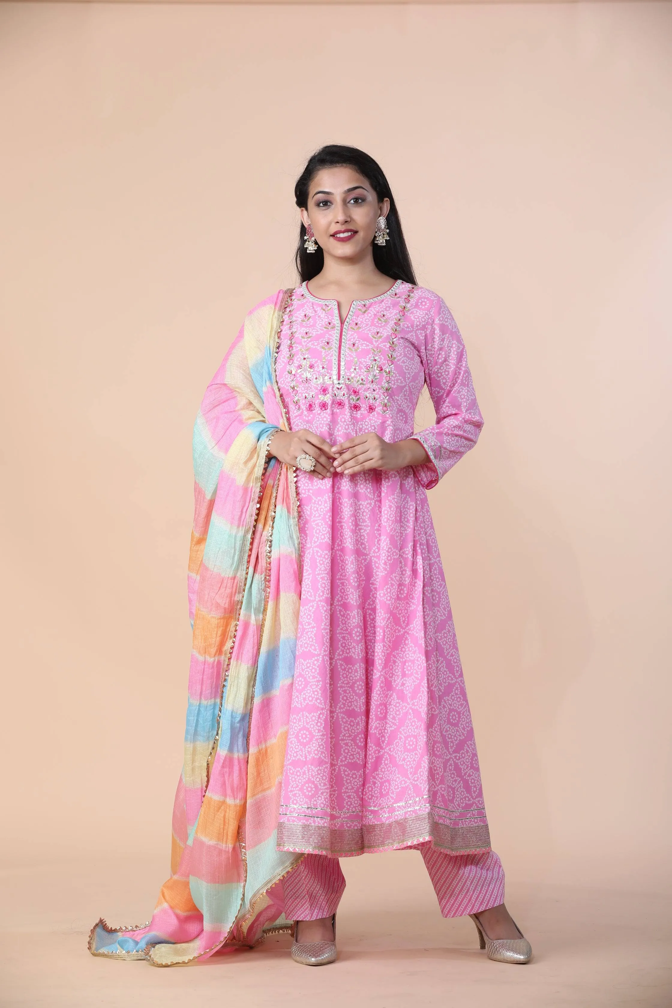 Premium Rayon Bandhani Print Anarkali Set With Gotta Patti Work And Cotton Dupatta