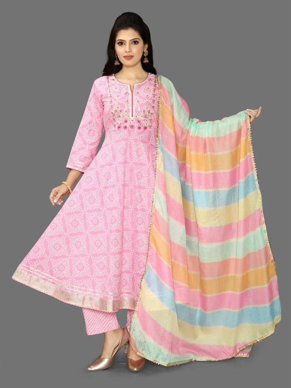 Premium Rayon Bandhani Print Anarkali Set With Gotta Patti Work And Cotton Dupatta