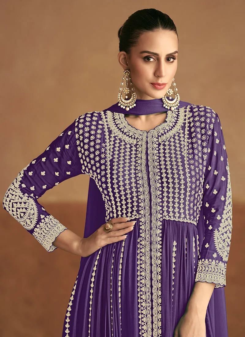 Purple Designer Embroidery Slit Style Anarkali Pant Suit