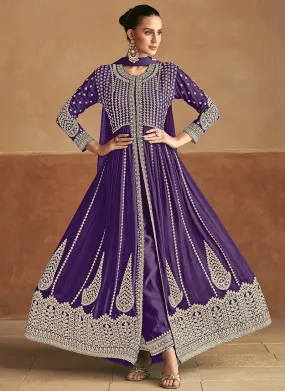 Purple Designer Embroidery Slit Style Anarkali Pant Suit