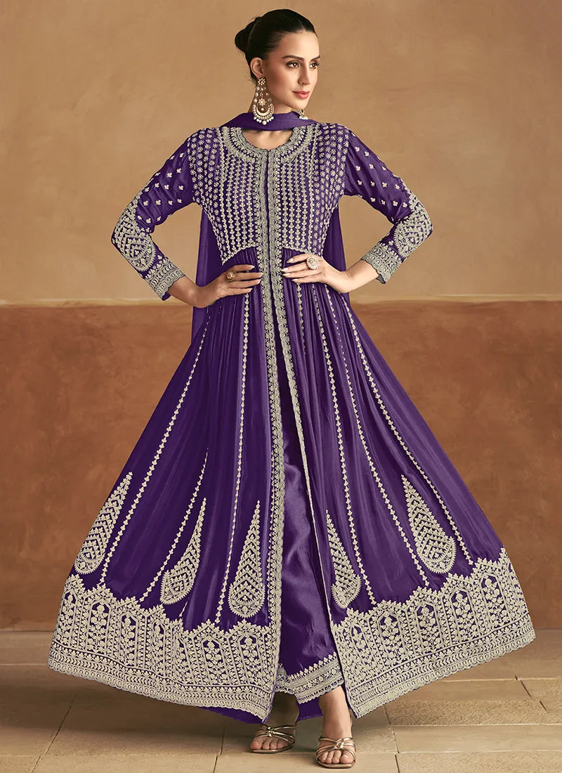 Purple Designer Embroidery Slit Style Anarkali Pant Suit