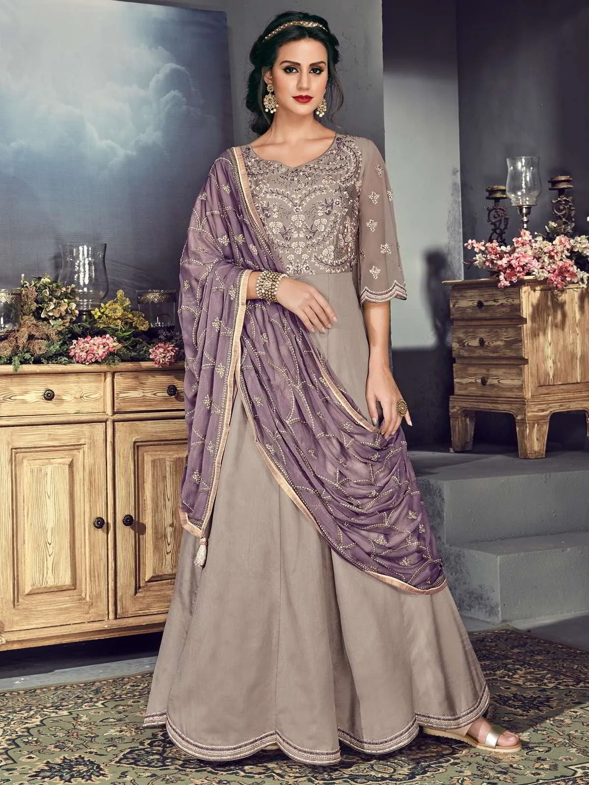 Purple Hues Ethnic Embroidered Silk Anarkali Suit