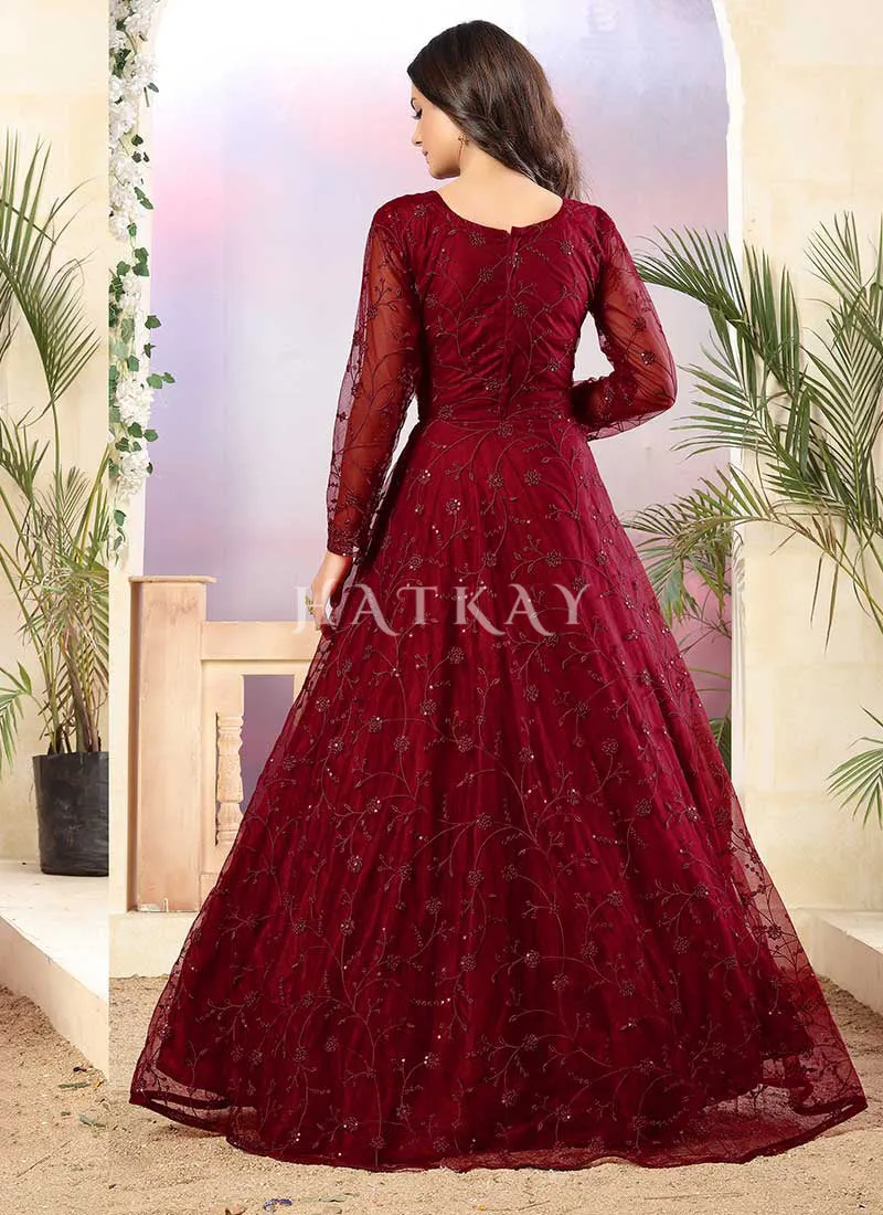 Rich Pink Sequence Work Net Anarkali Gown