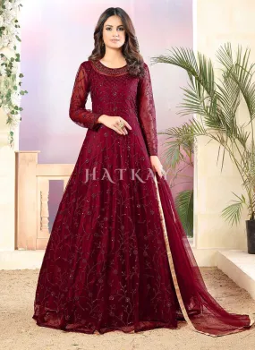 Rich Pink Sequence Work Net Anarkali Gown