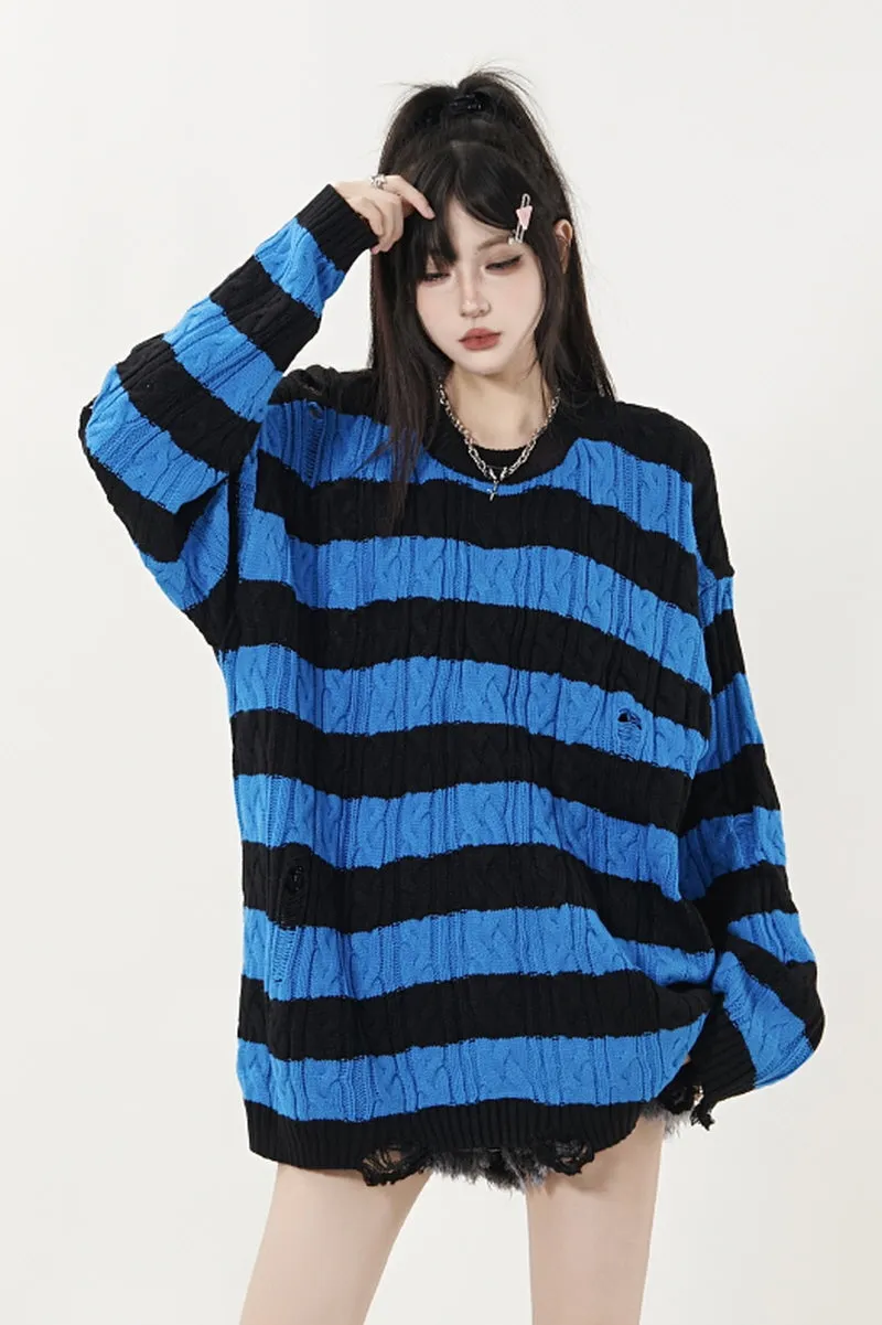 Ripped Striped Crewneck Sweater