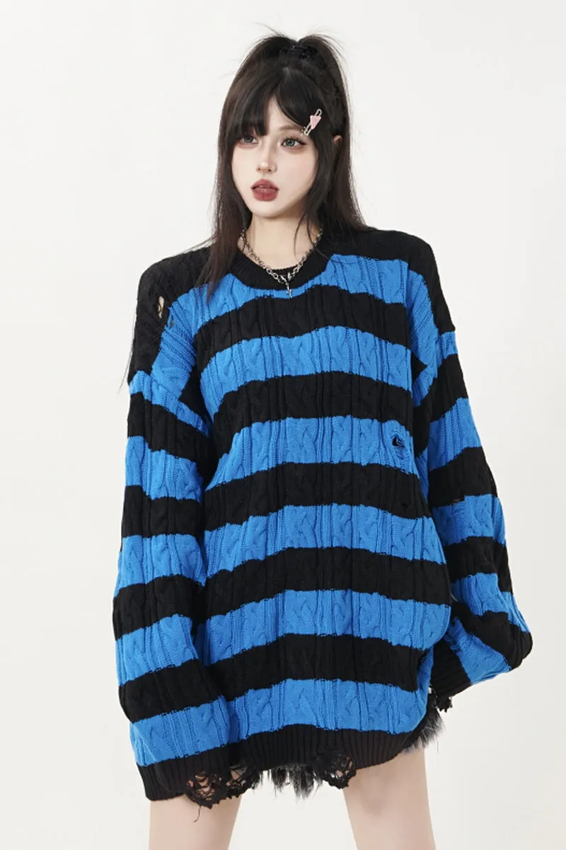 Ripped Striped Crewneck Sweater