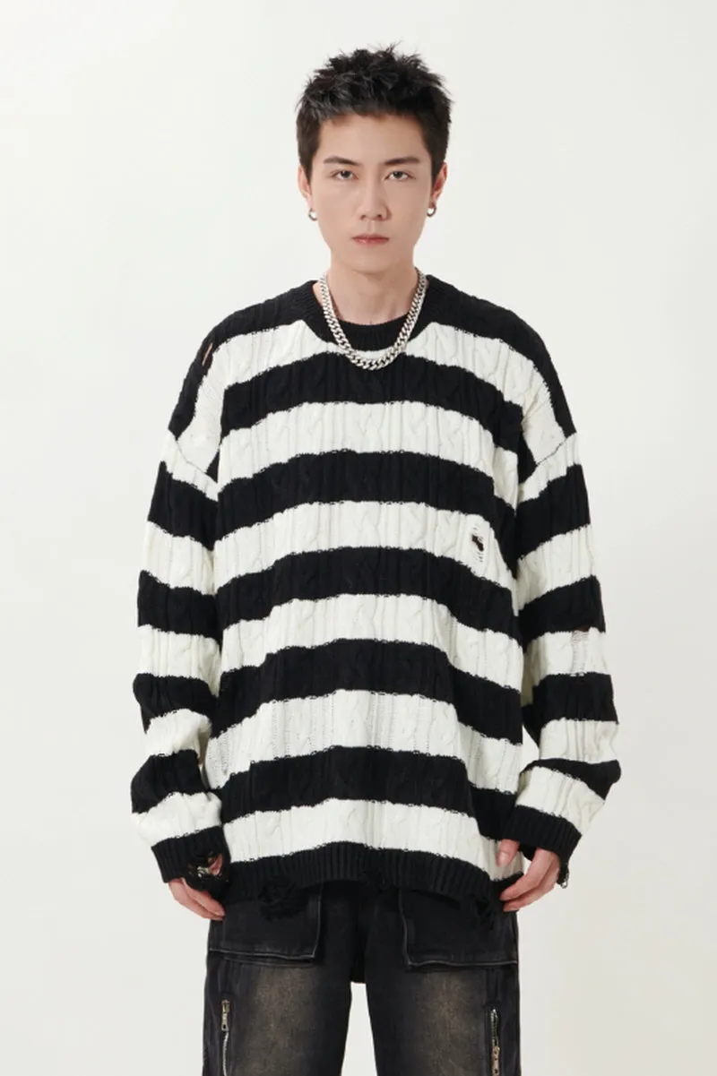 Ripped Striped Crewneck Sweater