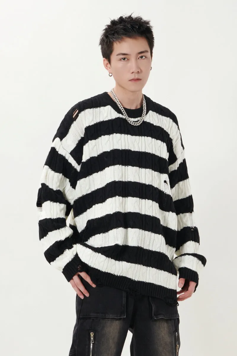 Ripped Striped Crewneck Sweater