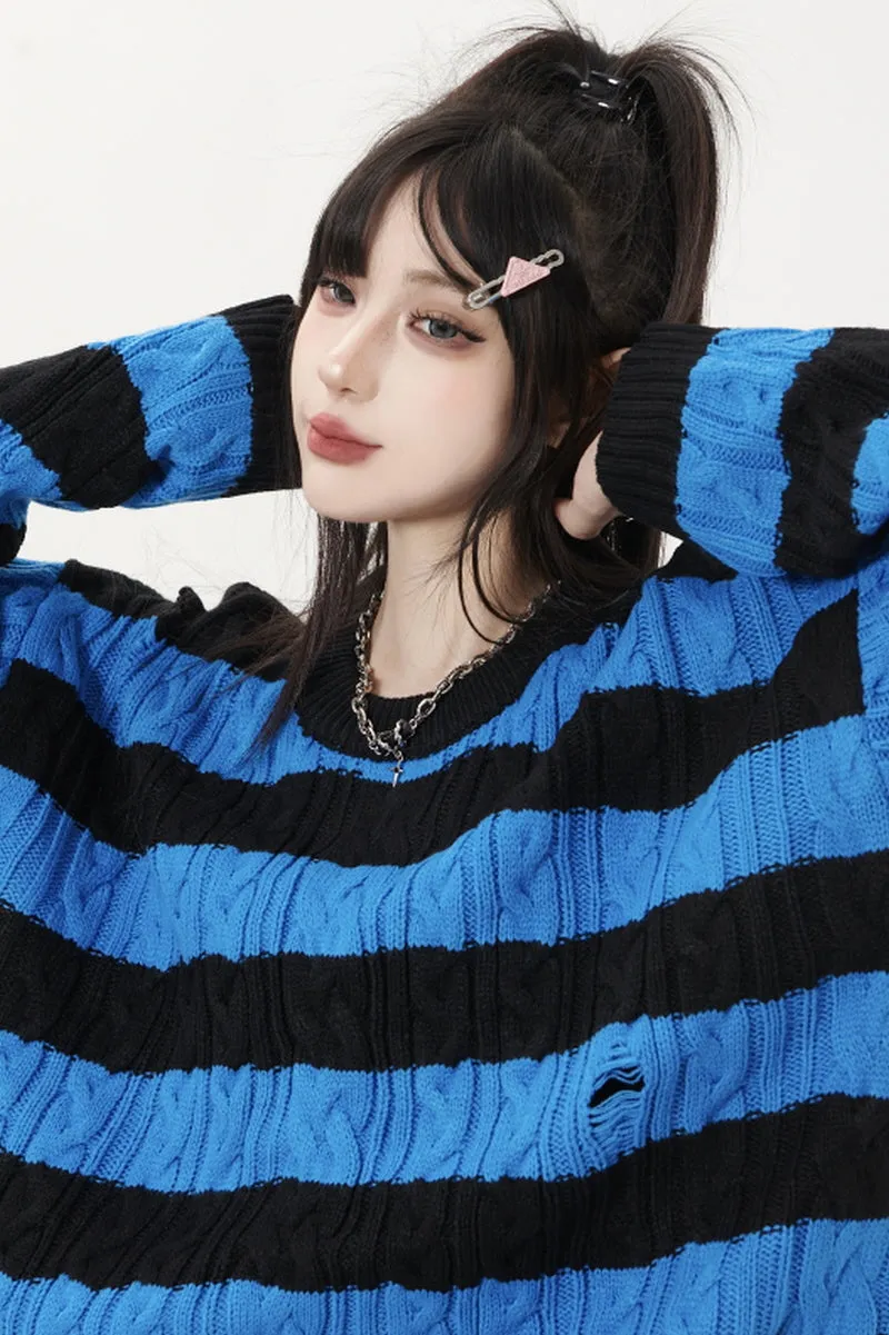 Ripped Striped Crewneck Sweater