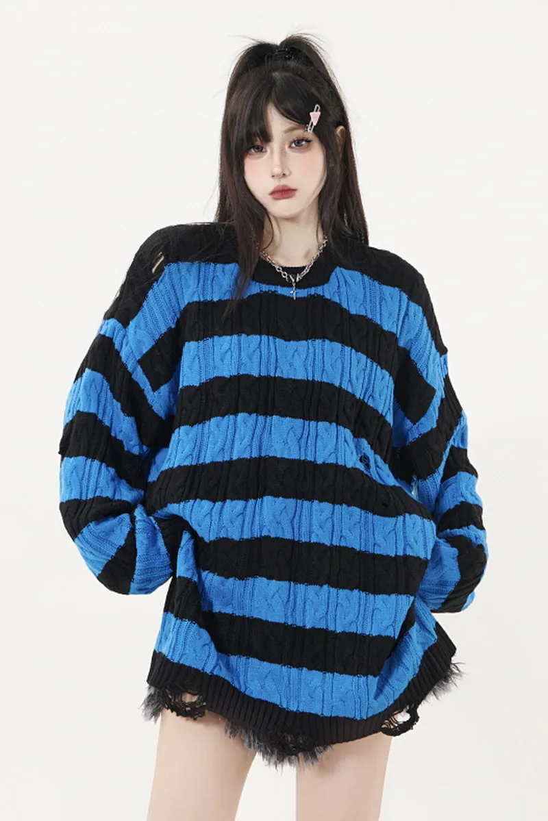 Ripped Striped Crewneck Sweater