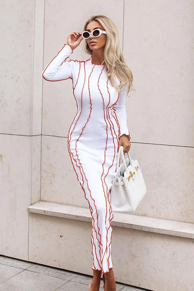 Round Neck Contrast Seam Maxi Bodycon Dress Long Sleeve