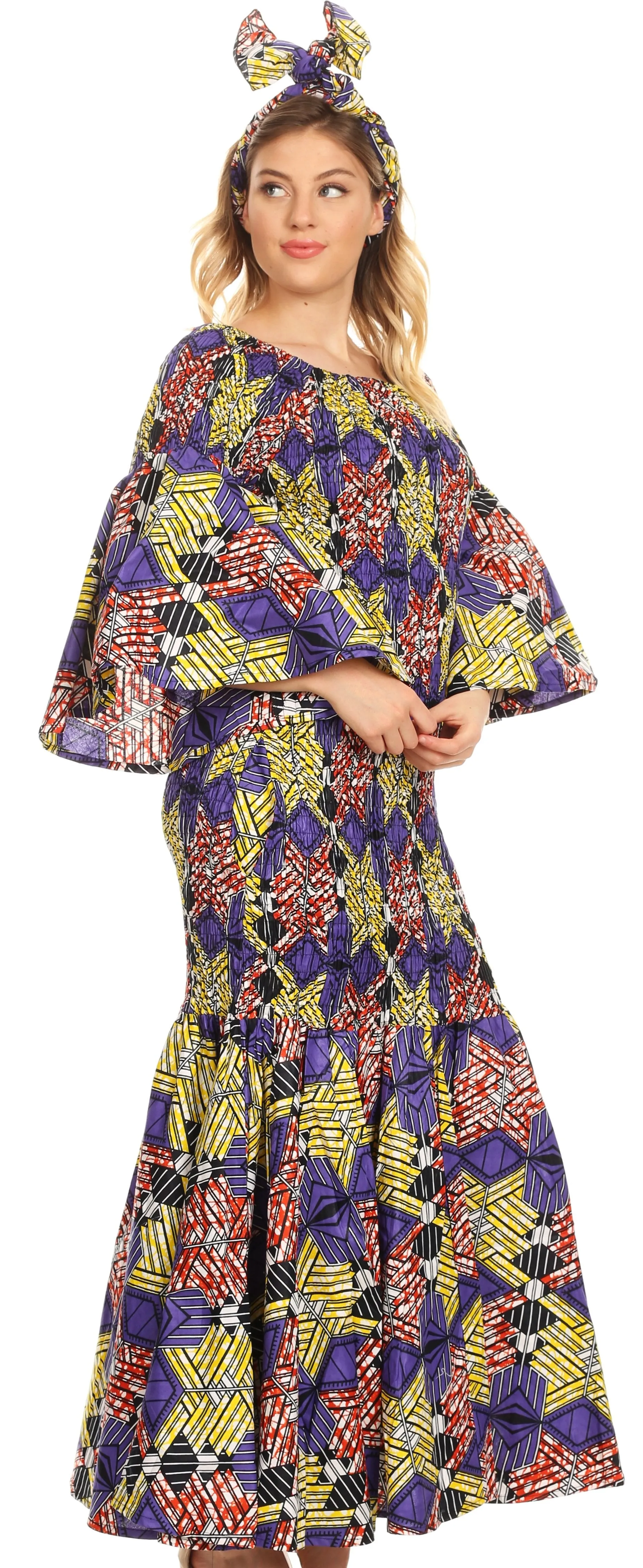 Sakkas Zarah Women's African Ankara Body-con Off shoulder Mermaid Pocket Dress