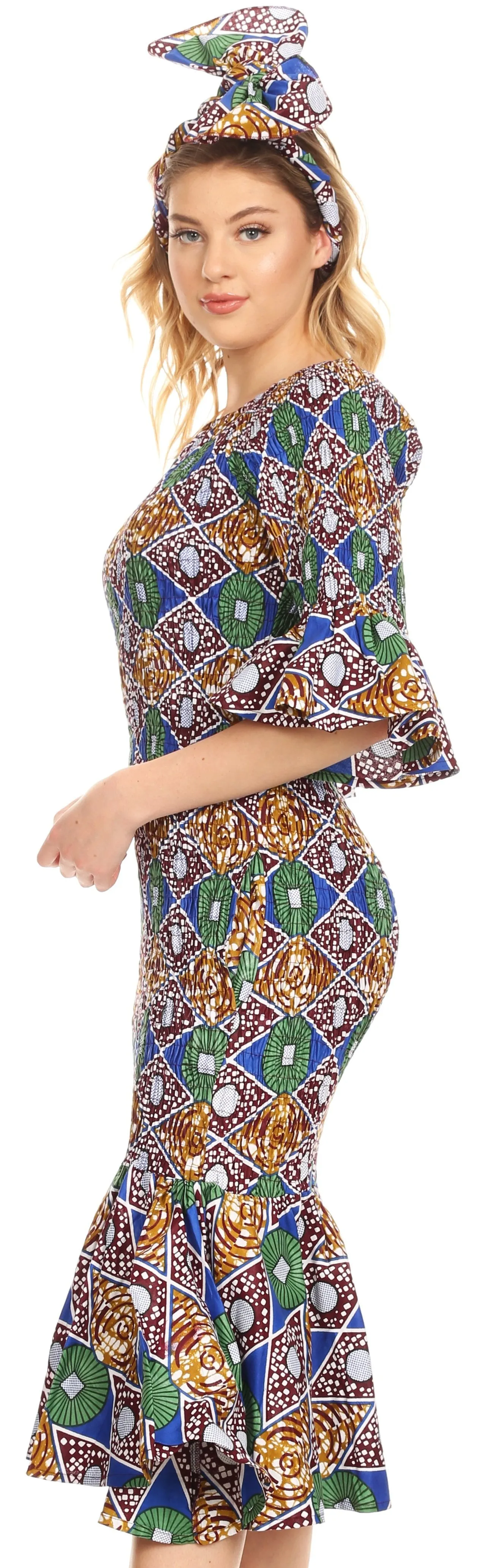 Sakkas Zarah Women's African Ankara Body-con Off shoulder Mermaid Pocket Dress