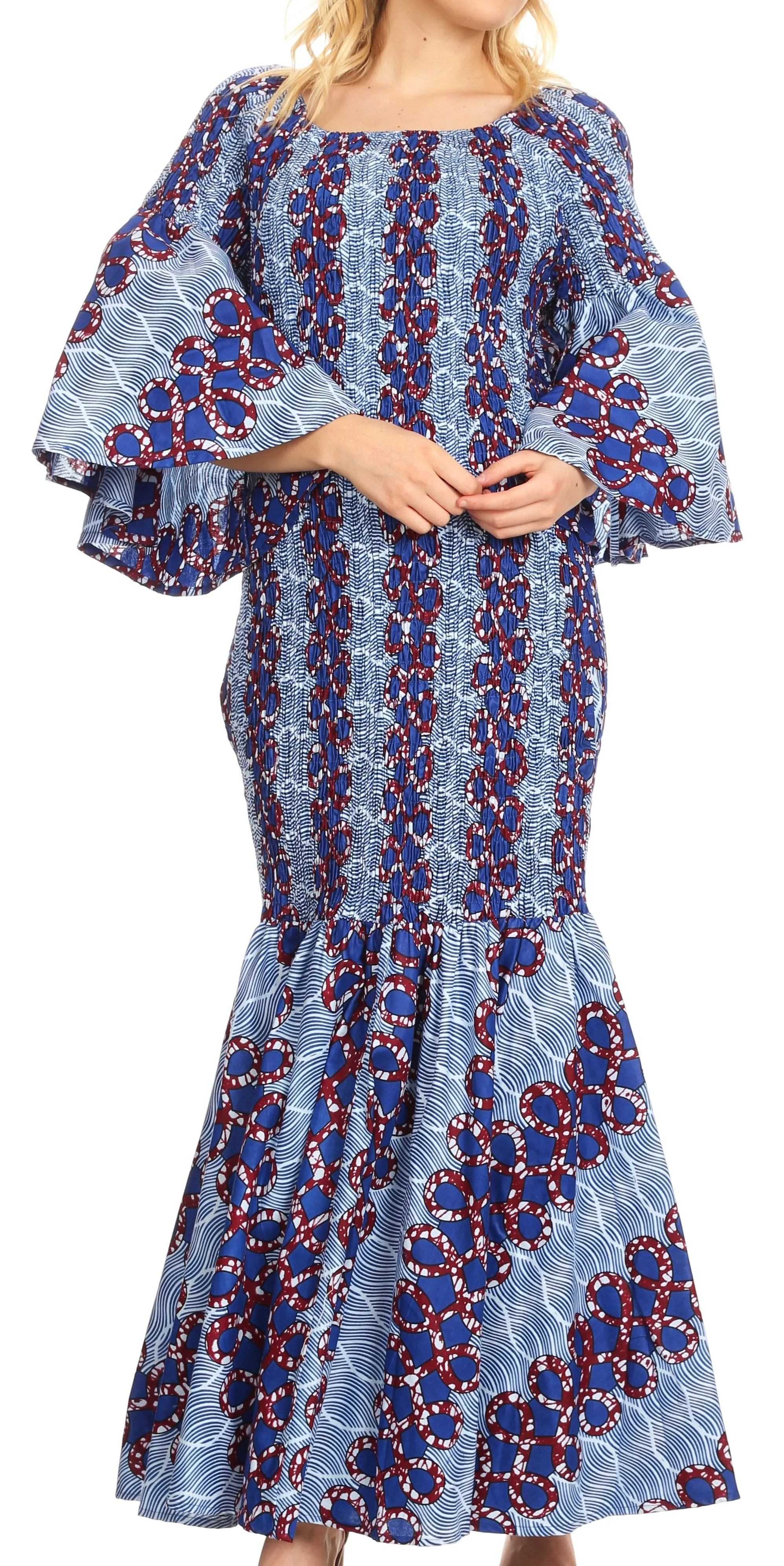 Sakkas Zarah Women's African Ankara Body-con Off shoulder Mermaid Pocket Dress